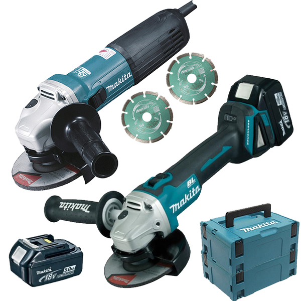 KIT 2 SCULE Makita DK0080TJX2 (Polizor unghiular cu 2 acumulatori Li-Ion LXT 18V 5.0Ah DGA504RTJ + Polizor unghiular 1100W GA5040RKDJ cu accesorii)